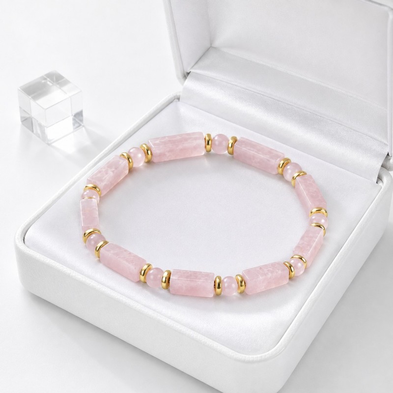 Romantic Pink Rectangular & Round Bead Bracelet, Elegant Gift